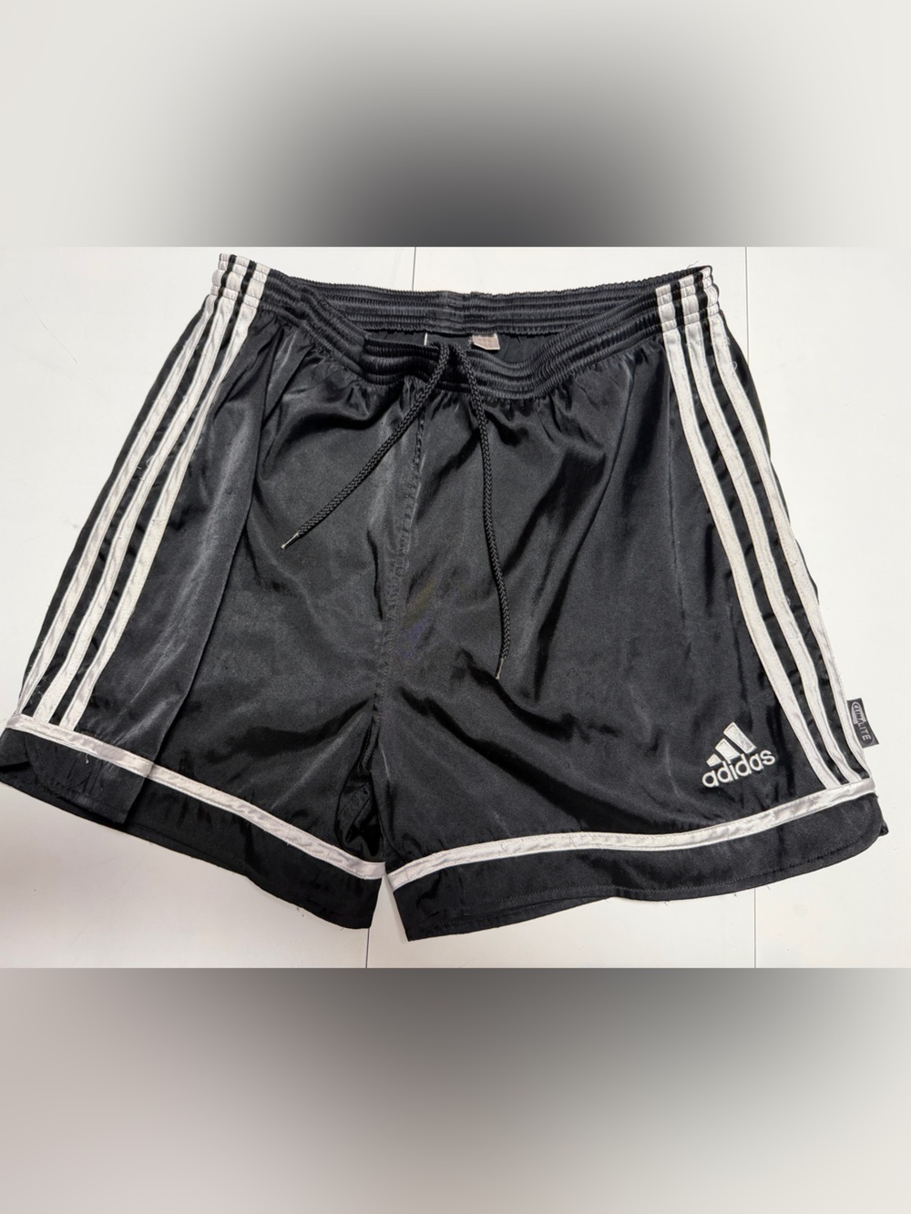 Adidas Y2K trendy shiny satin black / silver shorts